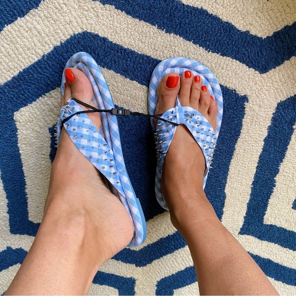 🩵 ZARA BLUE WHITE GINGHAM STUDDED FLIP FLOPS! - Picture 3 of 16